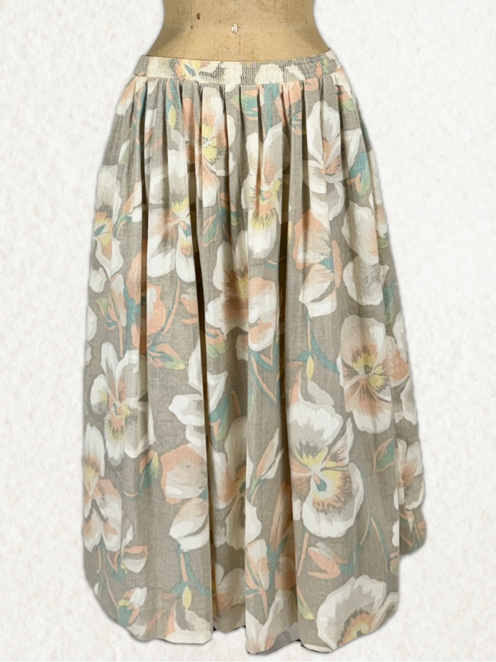 VINTAGE 80s pastel floral skirt 100% cotton elastic waist pleated woodland
